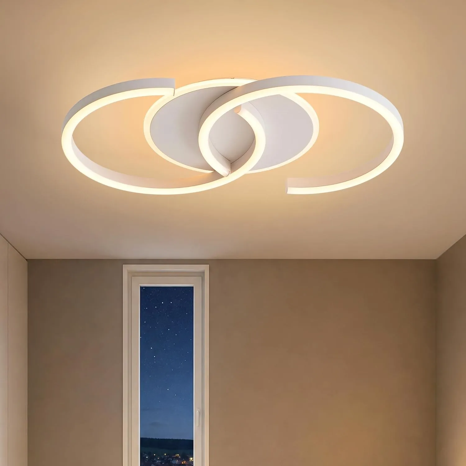 LED Deckenlampe Schlafzimmer 3000K warmes Licht, Modern weiß „S“ 2-Ringe Deckenleuchte 32W 50cm 3200lm, Für Schlafzimme…