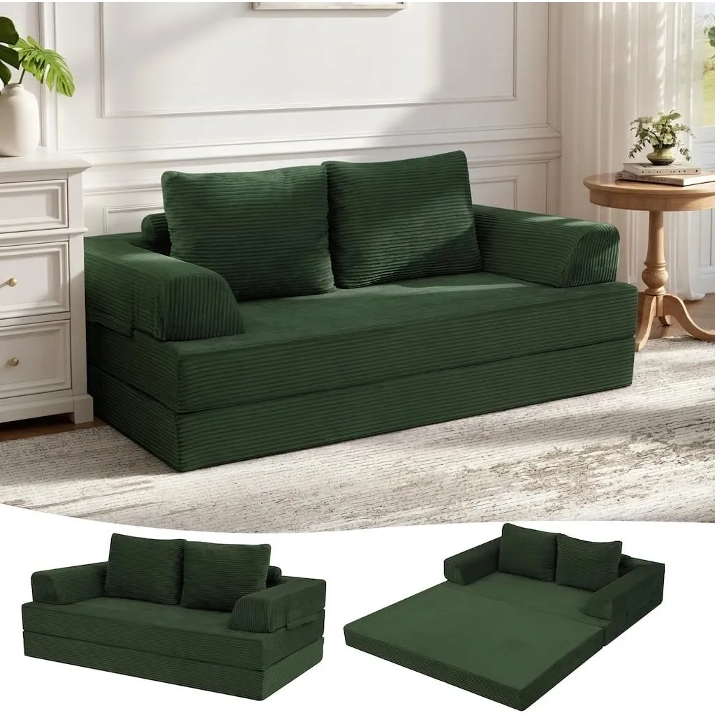 MeMoreCool Schlafsofa Cord, Klappbares Bodensofa mit Kissen, Grün | Komfortables Boden Sofa mit Matratze und Weicher Co…