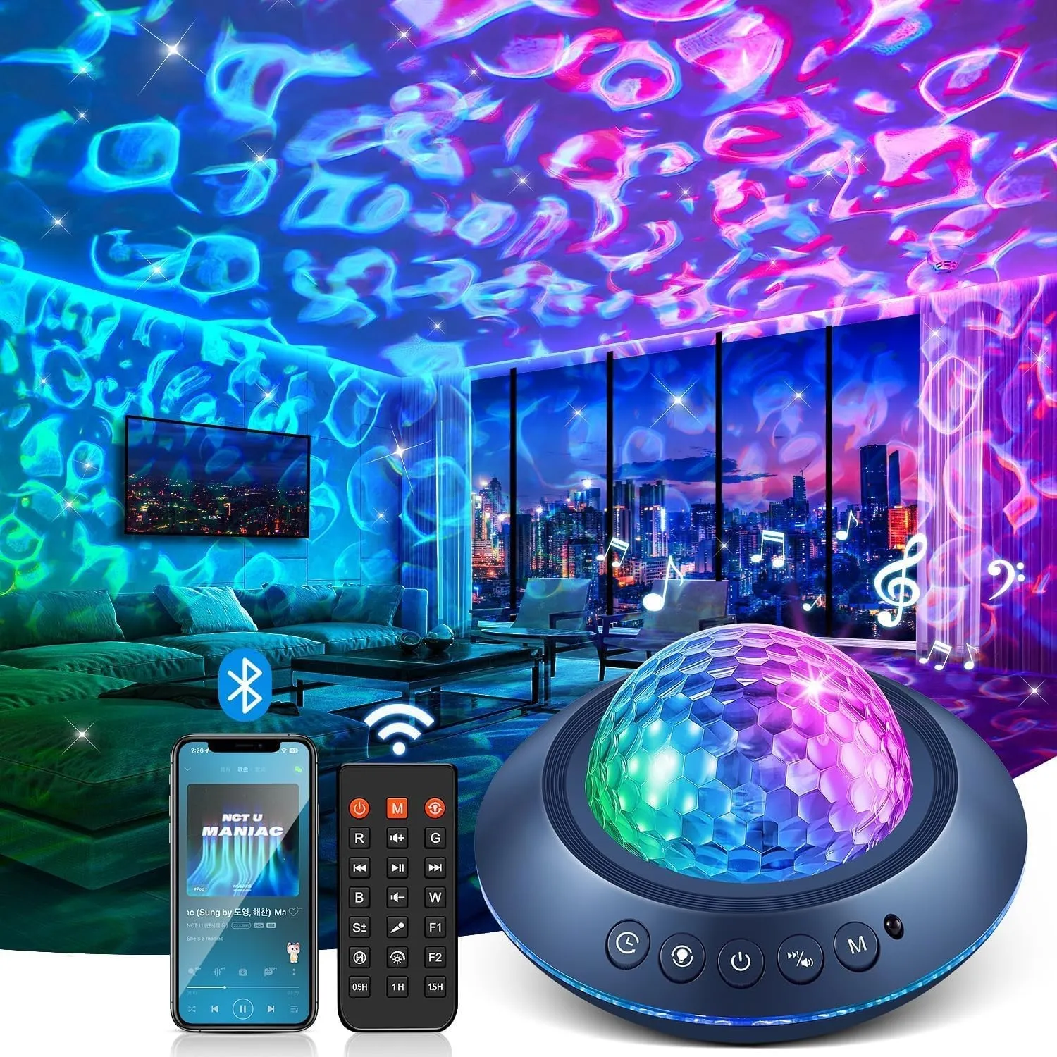 One Fire Sternenhimmel Projektor Galaxy-Projektor mit 45 Lichtmodi, 15 weißen Sounds, HiFi-Bluetooth-Lautsprecher, Wass…