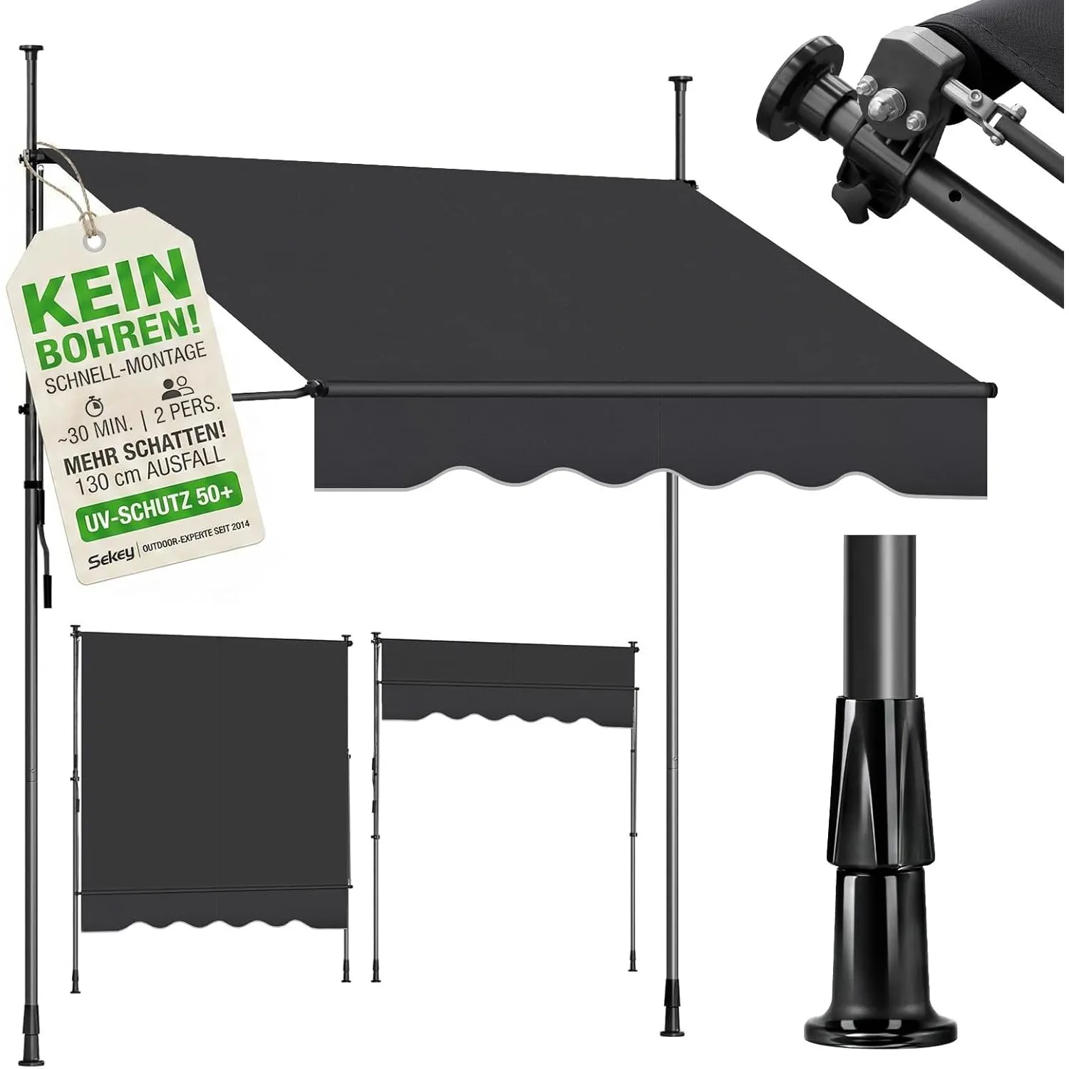 Sekey Klemmmarkise 250 cm breit, Markise Balkon ohne Bohren mit Handkurbel, 130 cm Ausfall, 0-90° neigbar, UV-beständig…