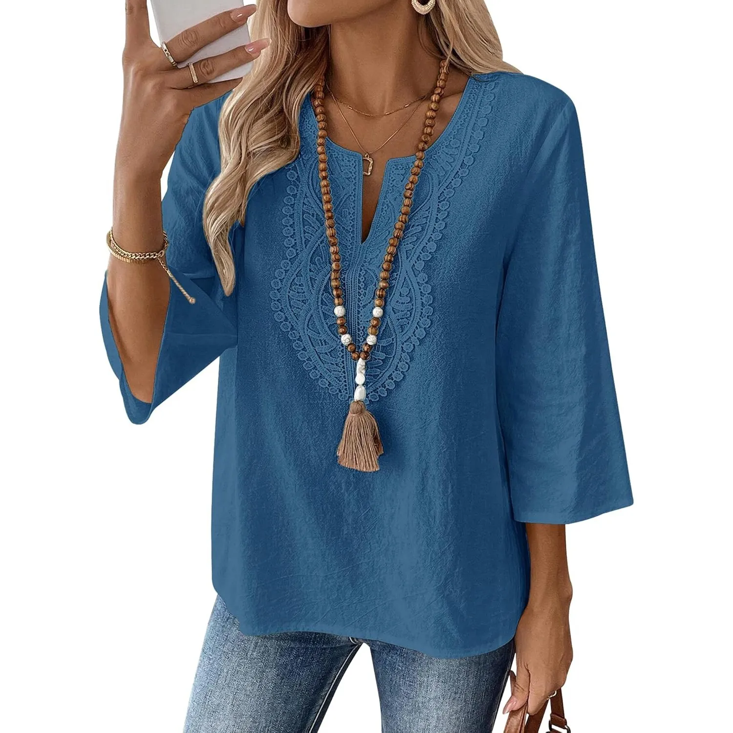 Rapbin Bluse Damen 3/4 Arm Elegant Oberteile V Ausschnitt Baumwolle Spitze Tops Shirt Casual Loose Fit Tunika