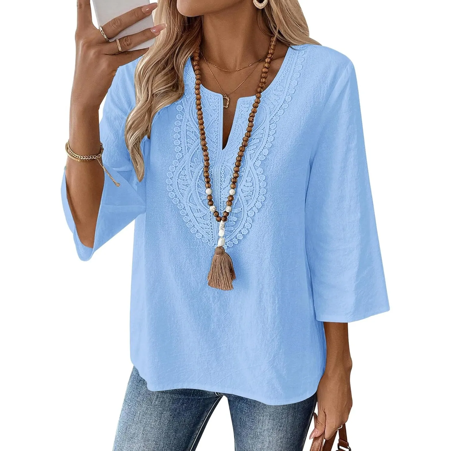 Rapbin Bluse Damen 3/4 Arm Elegant Oberteile V Ausschnitt Baumwolle Spitze Tops Shirt Casual Loose Fit Tunika