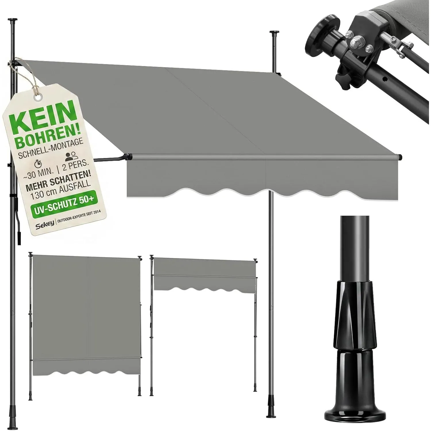 Sekey Klemmmarkise 350 cm breit, Markise Balkon ohne Bohren mit Handkurbel, 130 cm Ausfall, 0-90° neigbar, UV-beständig…
