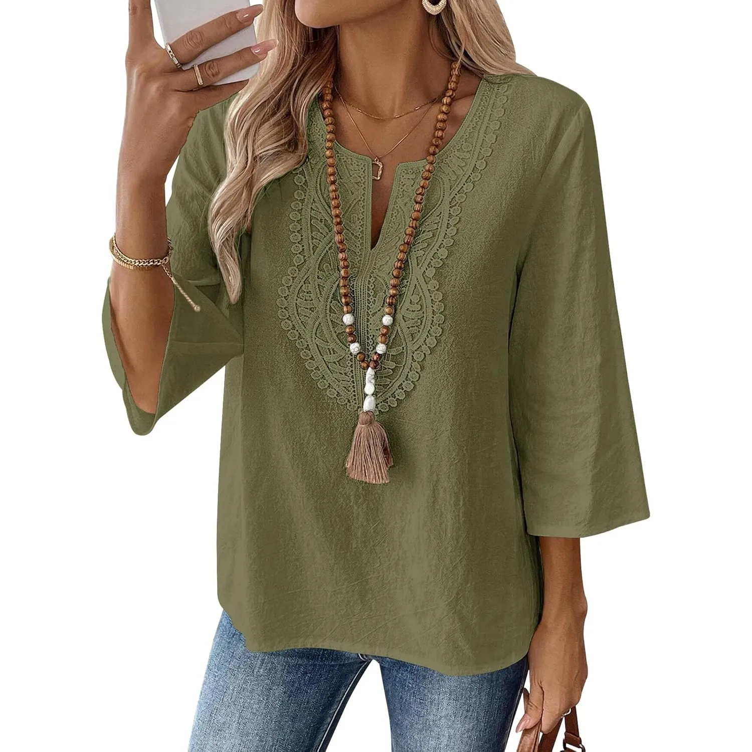 Rapbin Bluse Damen 3/4 Arm Elegant Oberteile V Ausschnitt Baumwolle Spitze Tops Shirt Casual Loose Fit Tunika