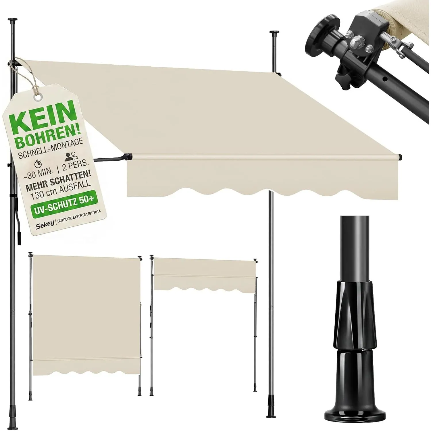 Sekey Klemmmarkise 300 cm breit, Markise Balkon ohne Bohren mit Handkurbel, 130 cm Ausfall, 0-90° neigbar, UV-beständig…