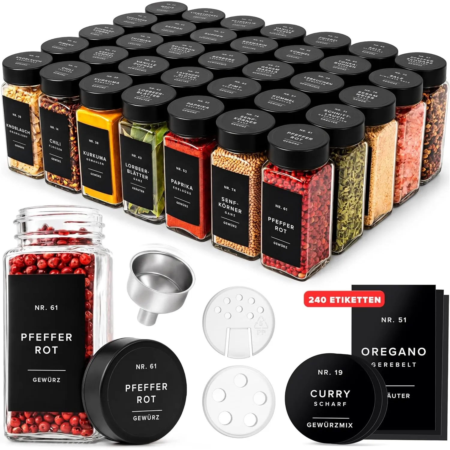 EDELHAUS Gewürzgläser Eckig Set mit Deckel (36 x 120ml) - Gewürzstreuer