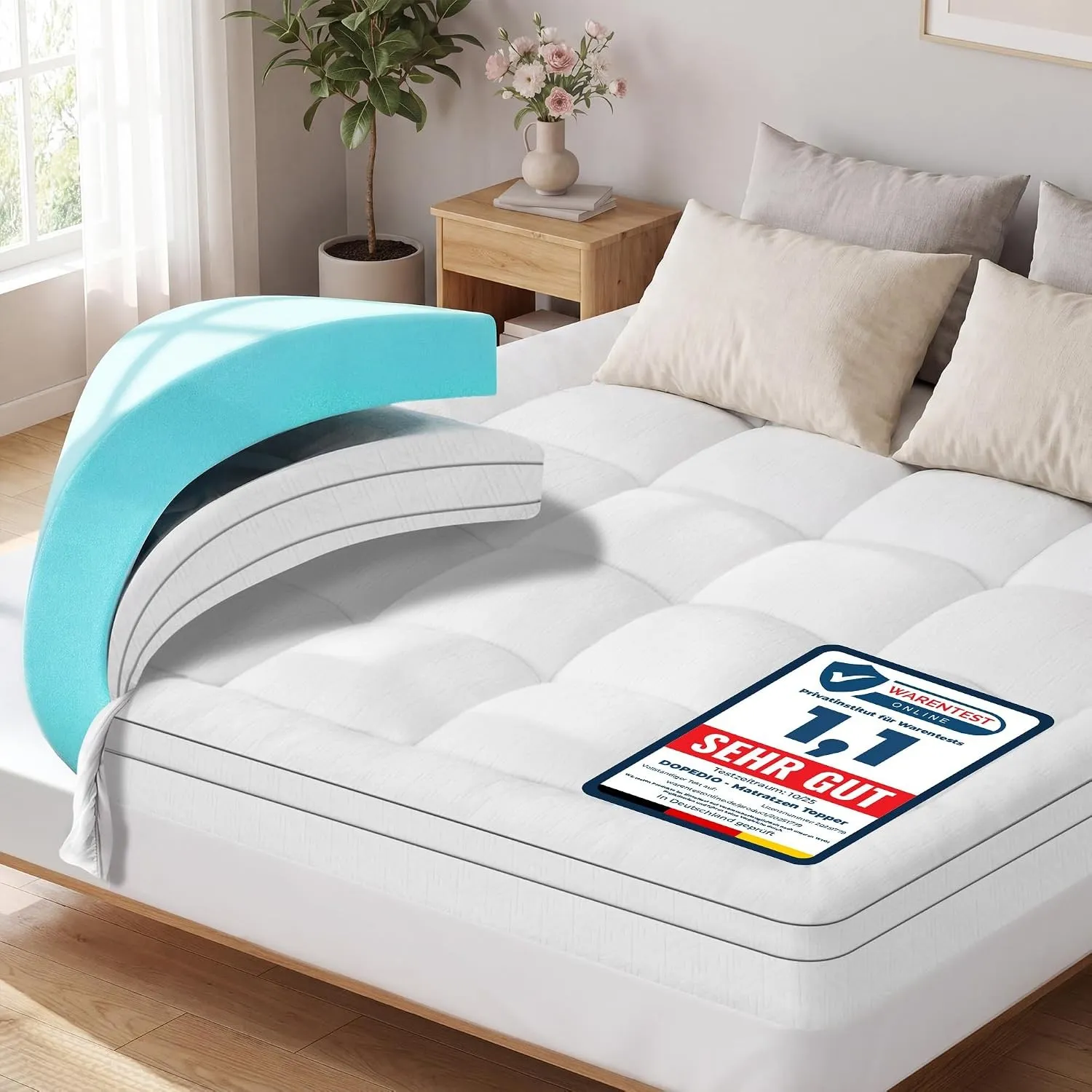DOPEDIO Gel Memory Foam Matratzen-Topper Oeko-TEX® 200x200 cm 7,5 cm Weiß