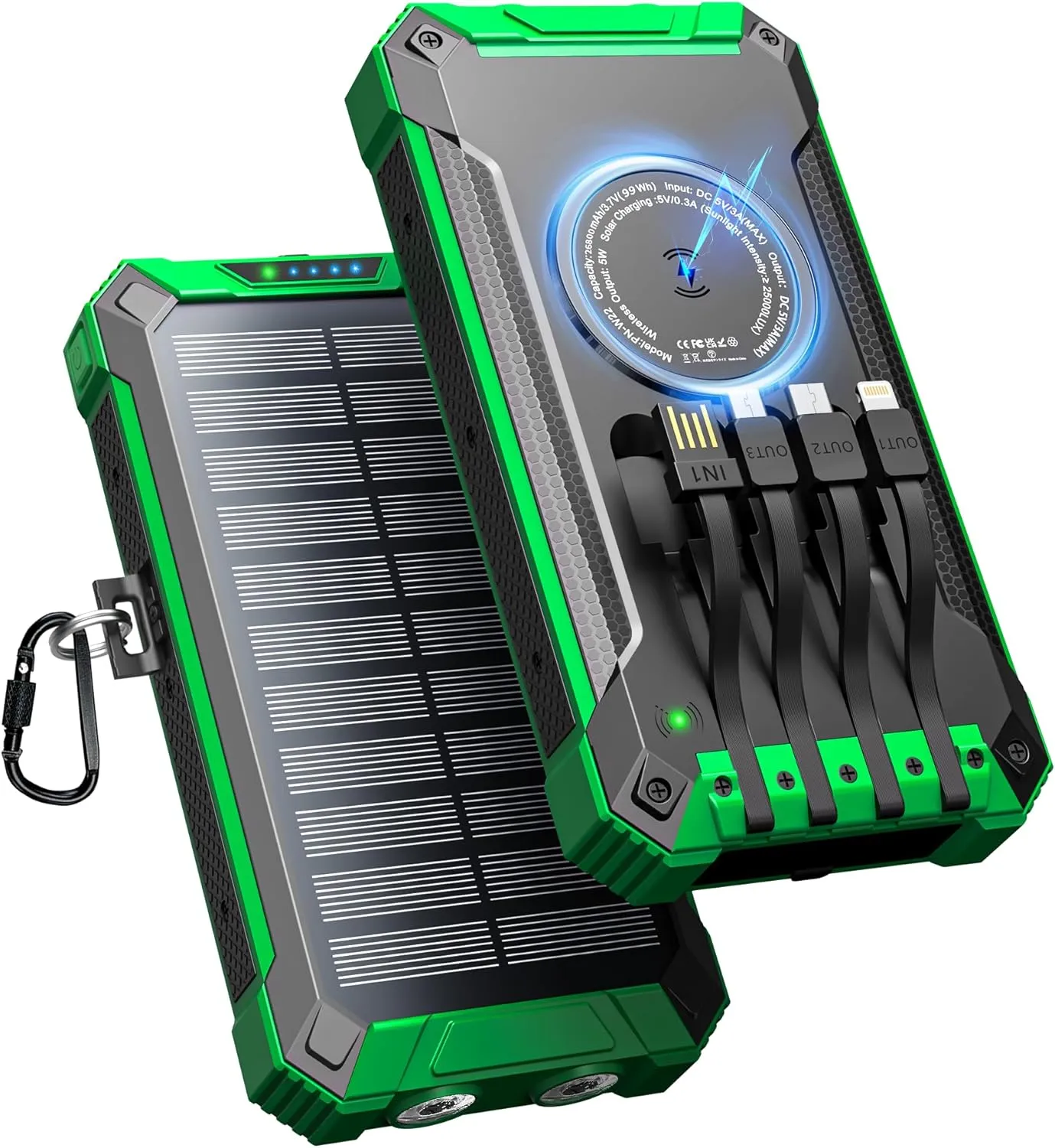 Solar Powerbank 26800mAh mit integrierten 4 Kabeln, Wireless Power Bank USB-C Ausgang/Eingang 15W Schnellladung für Han…
