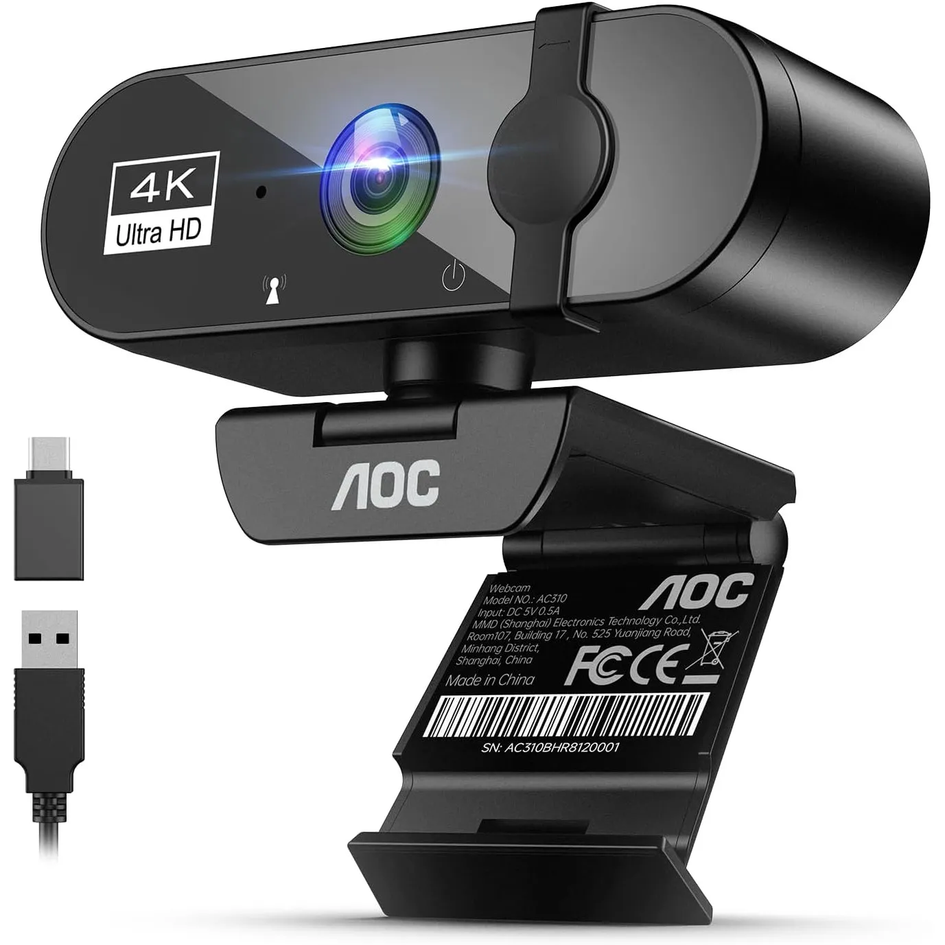 AOC Webcam 4K Ultra HD, 4K Webcam mit Mikrofon & Objektivabdeckung, PC Kamera Plug & Play, 99° Ansicht, Autofokus, Web …