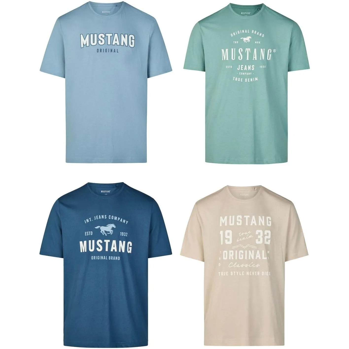 MUSTANG Tshirt Herren Baumwolle Regular Fit 4er Pack Set Rundhals Kurzarm Sommer Tee Shirt Logoprint Schwarz Weiß Grau …
