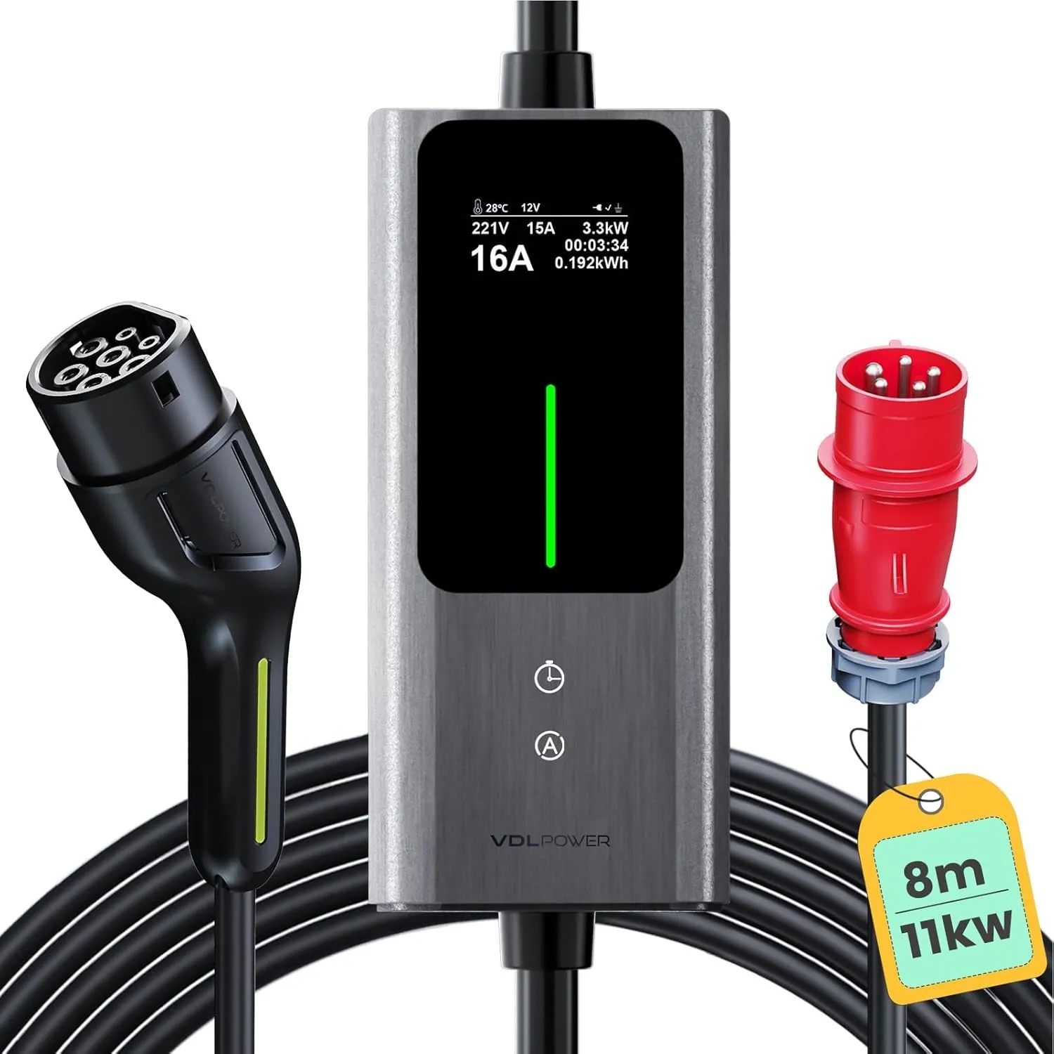 Mobile Wallbox 11kW [3-phasig|8m|6-16A] Mobile Ladestation EV Ladekabel CEE 16A auf Typ 2 und EV Ladegerät mit Einstell…