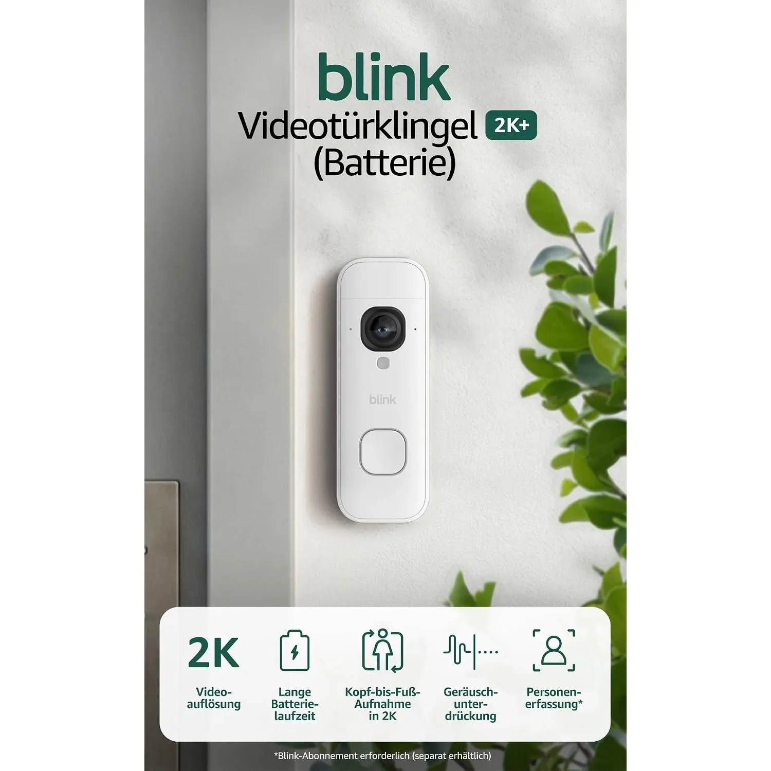 Blink Videotürklingel 2K+ (Batterie, neueste Gen.) | Kopf-bis-Fuß-Aufnahme | 2K | IP65 | Lange Batterielaufzeit | Einfa…