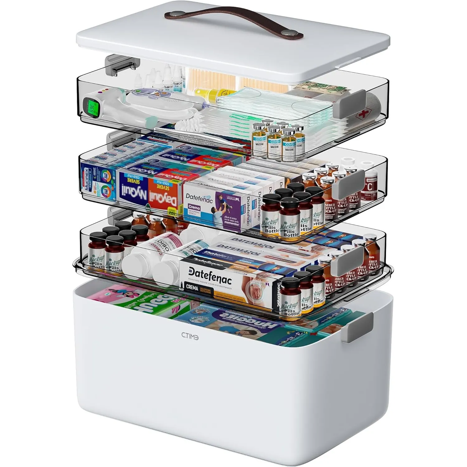 CTIME 4 - lagige Medikamentenbox – Tragbarer Organizer mit Ledergriff, leerer Aufbewahrungskoffer für Haushalt, Hobby, …