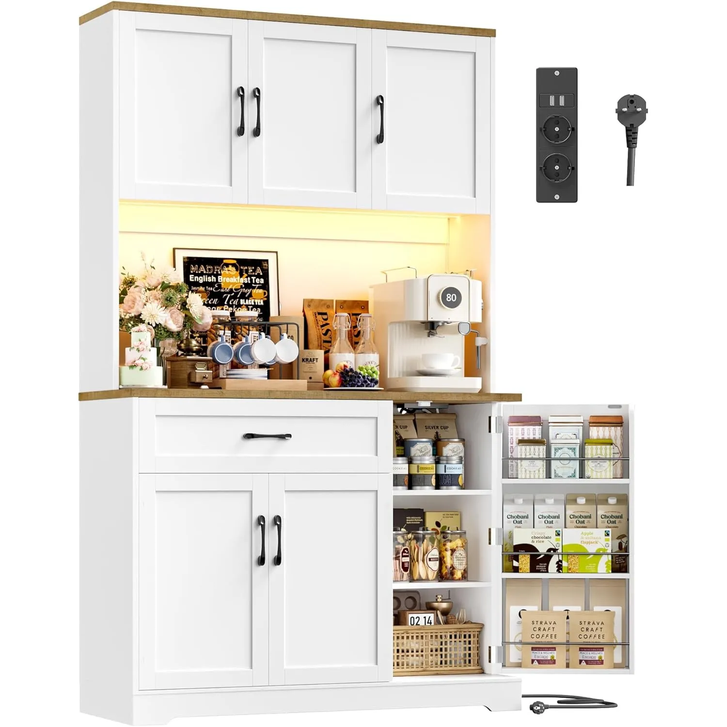 FirFurd Küchenschrank, Buffetschrank mit LED, Gewürzregal, Steckdosenleiste