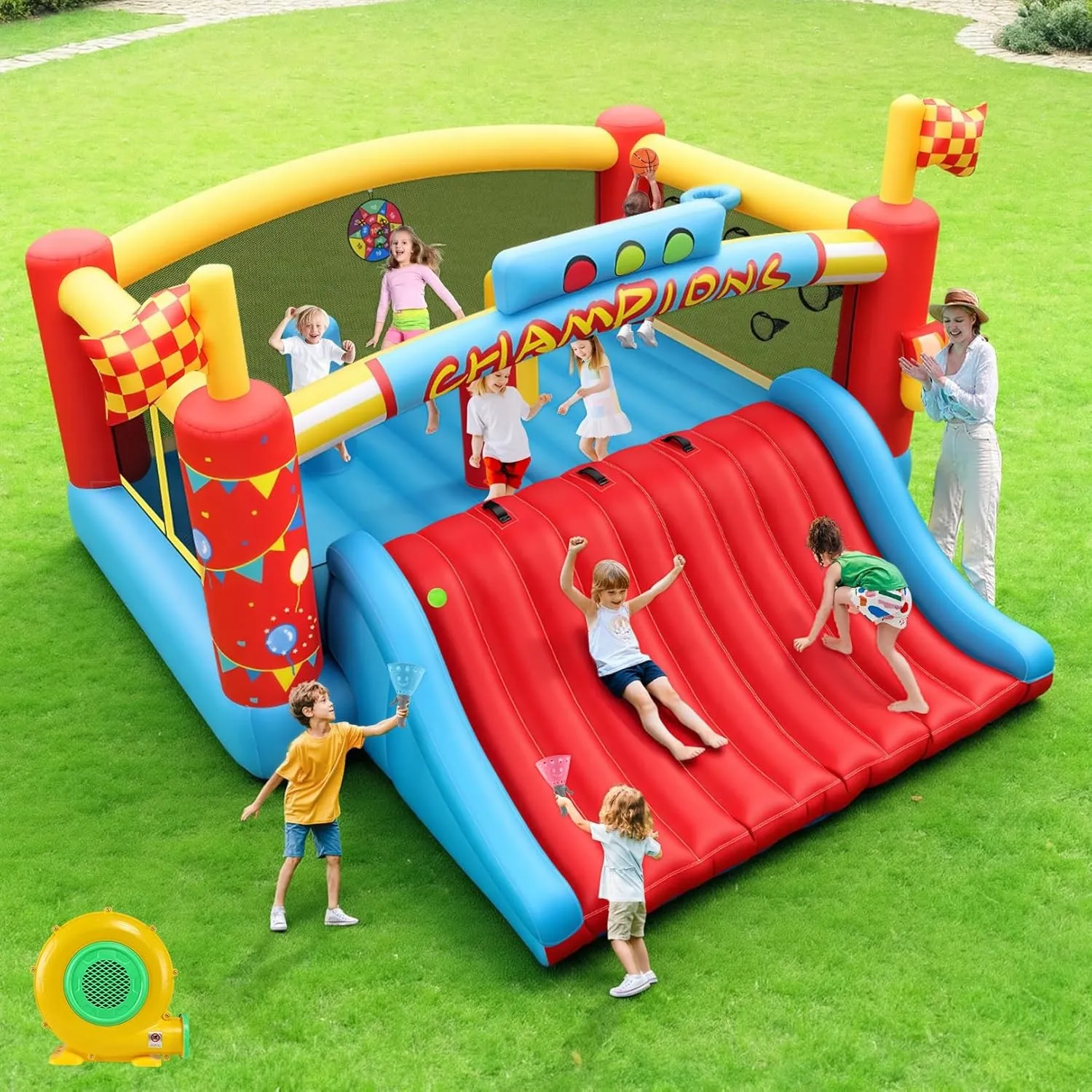 AKEYDIY Große Hüpfburg für Kinder - Aufblasbare Rutsche mit Kletterwand und Basketball - Rennthema Spielcenter für Gart…