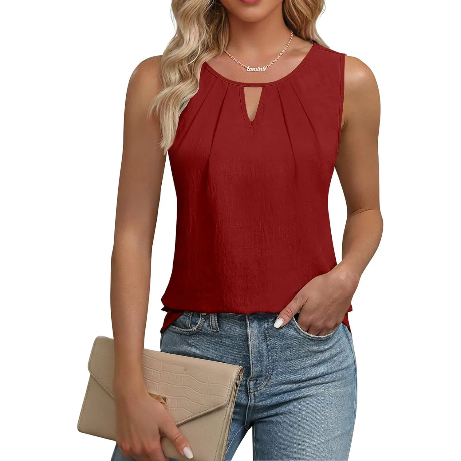 Cuptacc Top Damen Ärmellose Oberteile Damen Sommer Schlüsselloch V-Ausschnitt Einfarbig Elegant Bluse Tank Top