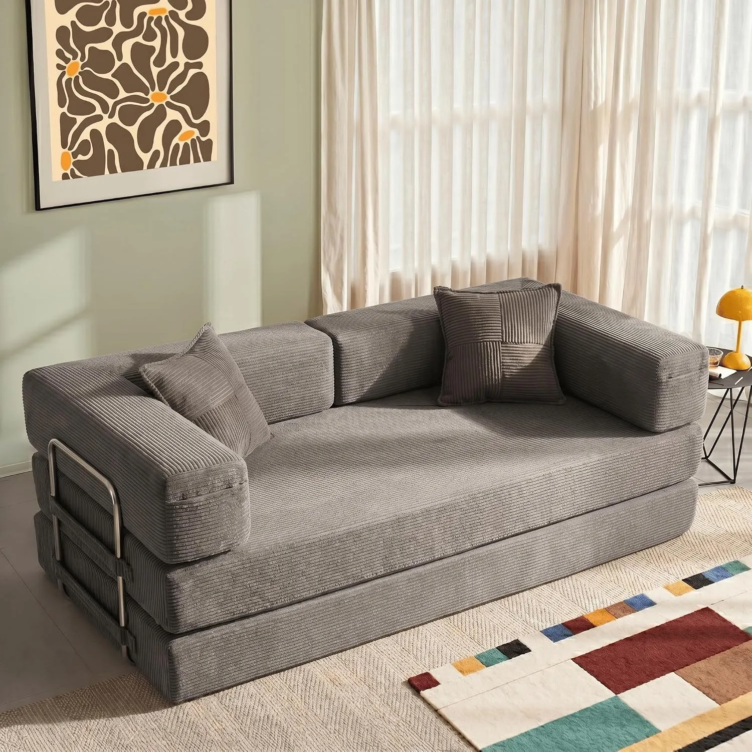 YINIX Cordstoff Schlafsofa 200cm, 5-in-1 Faltbares 3-Sitzer Bodensofa mit Metallrahmen, Modulares Gästebett aus hochdic…