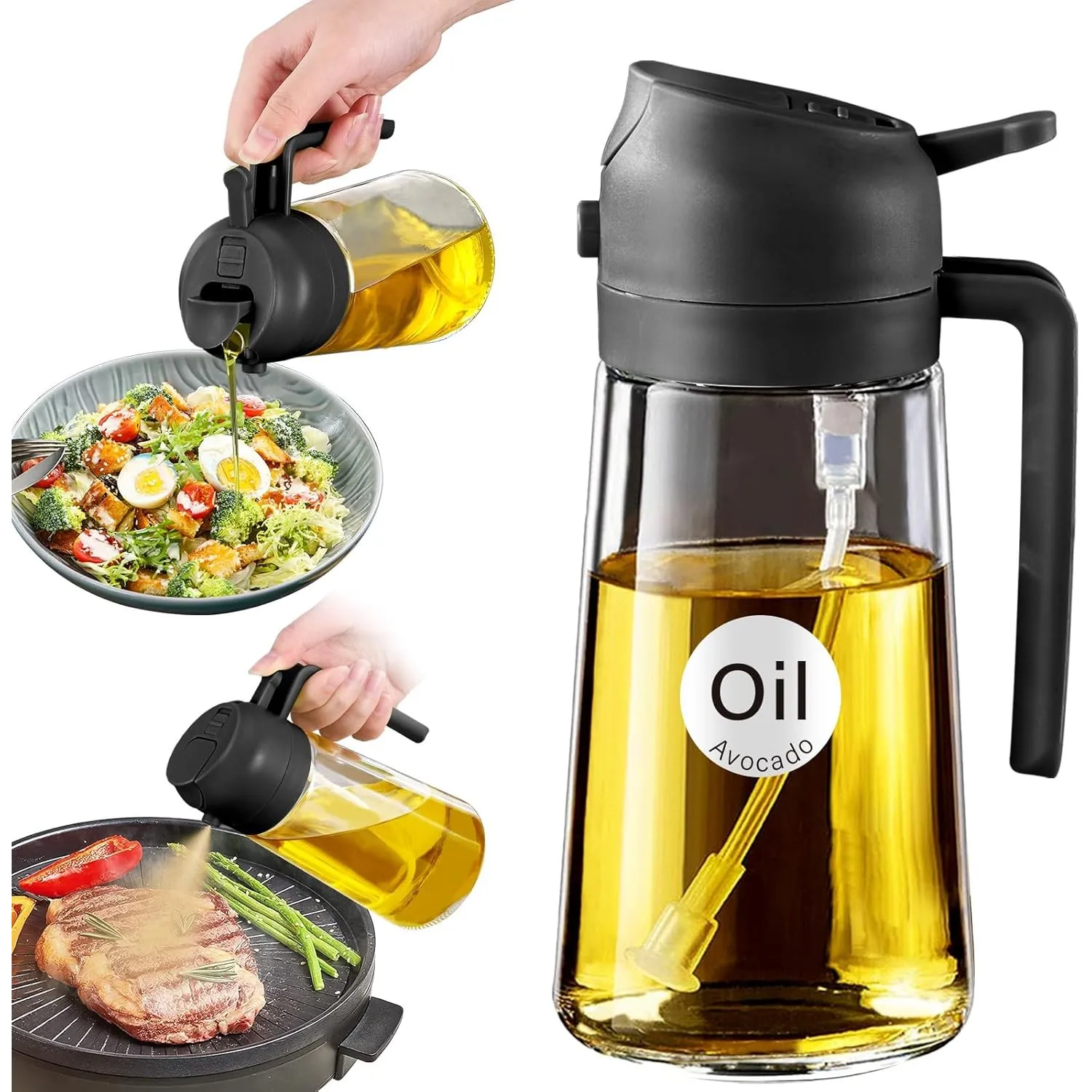 YARRAMATE Ölsprüher für Speiseöl, 2-in-1 Ölspender und Ölsprühflasche aus Glas, Ölspray für Airfryer, Olivenöl, Kochen,…