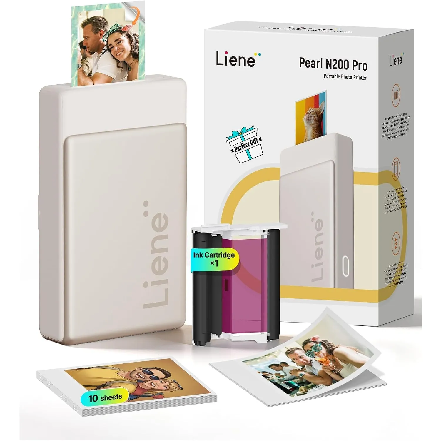 Liene Pearl N200 Pro Tragbarer Mini Fotodrucker mit Farbsublimation – Inkl. 10 Selbstklebende Fotos (5x7,6 cm) & Farbba…