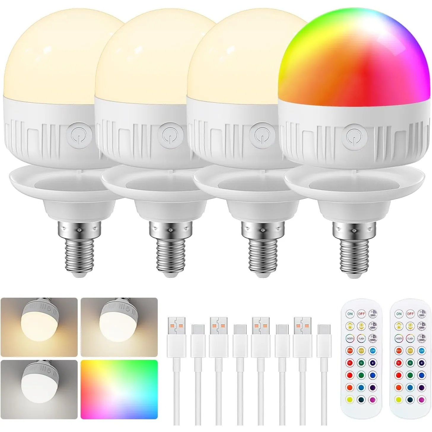 LGMCF E14 Wiederaufladbare Glühbirne, 8W, RGBWW, Dimmbare, Timing, 4 Pack | 15 Farben, Fernbedienung, Magnetfuß, Akku G…