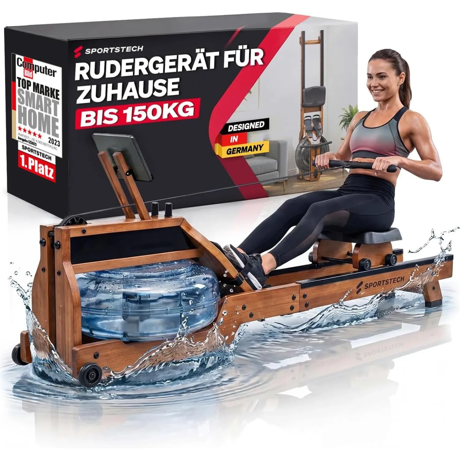 Sportstech, Rudergerät für Zuhause + FSC-zertifiziertem Naturholz WRX500