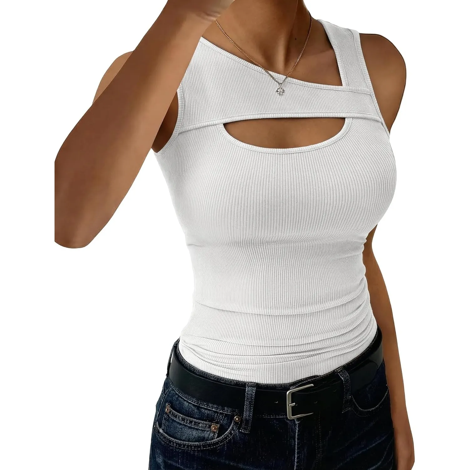 Aottori Tank Top Damen Asymmetrischer Ausschnitt Tops Gerippt Sommer Tanktop Slim Fit Sexy Oberteile Cut-Out Stretch Ba…