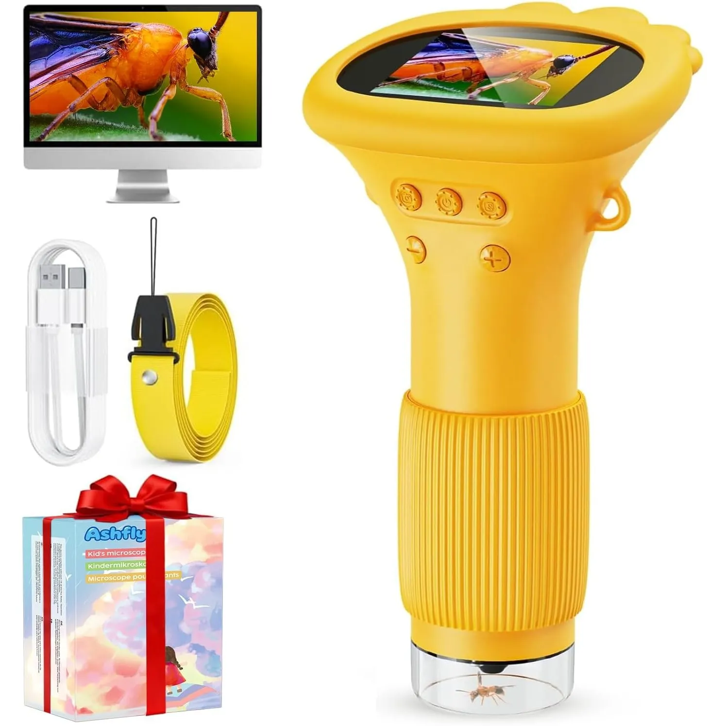 Digitales Mikroskop für Kinder, 1000X, Foto & Video (Orange)