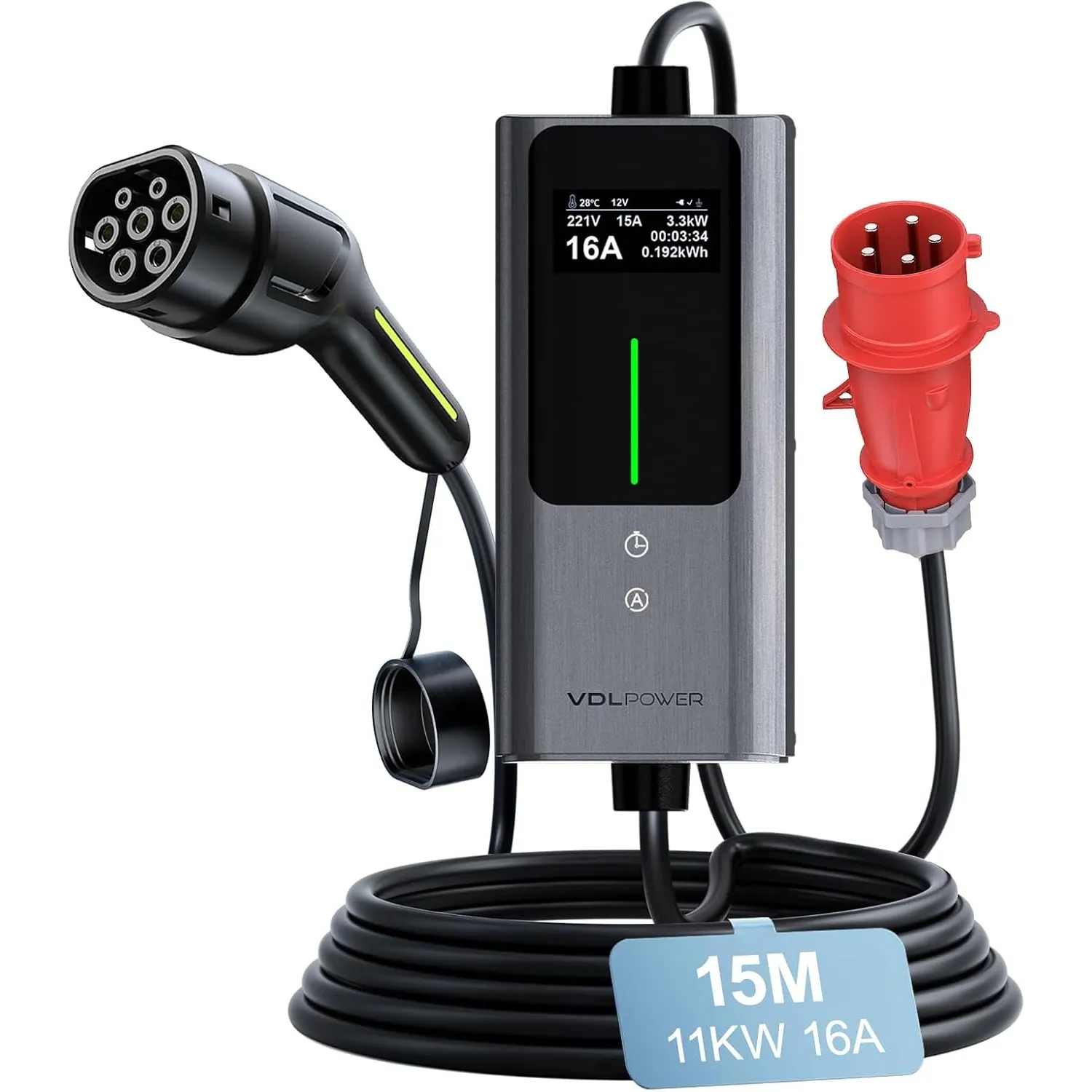 Mobile Wallbox 11kW Typ 2 Ladekabel mit CEE Stecker, 15 Meter | 6-16A | 11kW | 3-Phasig | IP65 Wasserdicht, Tragbares E…