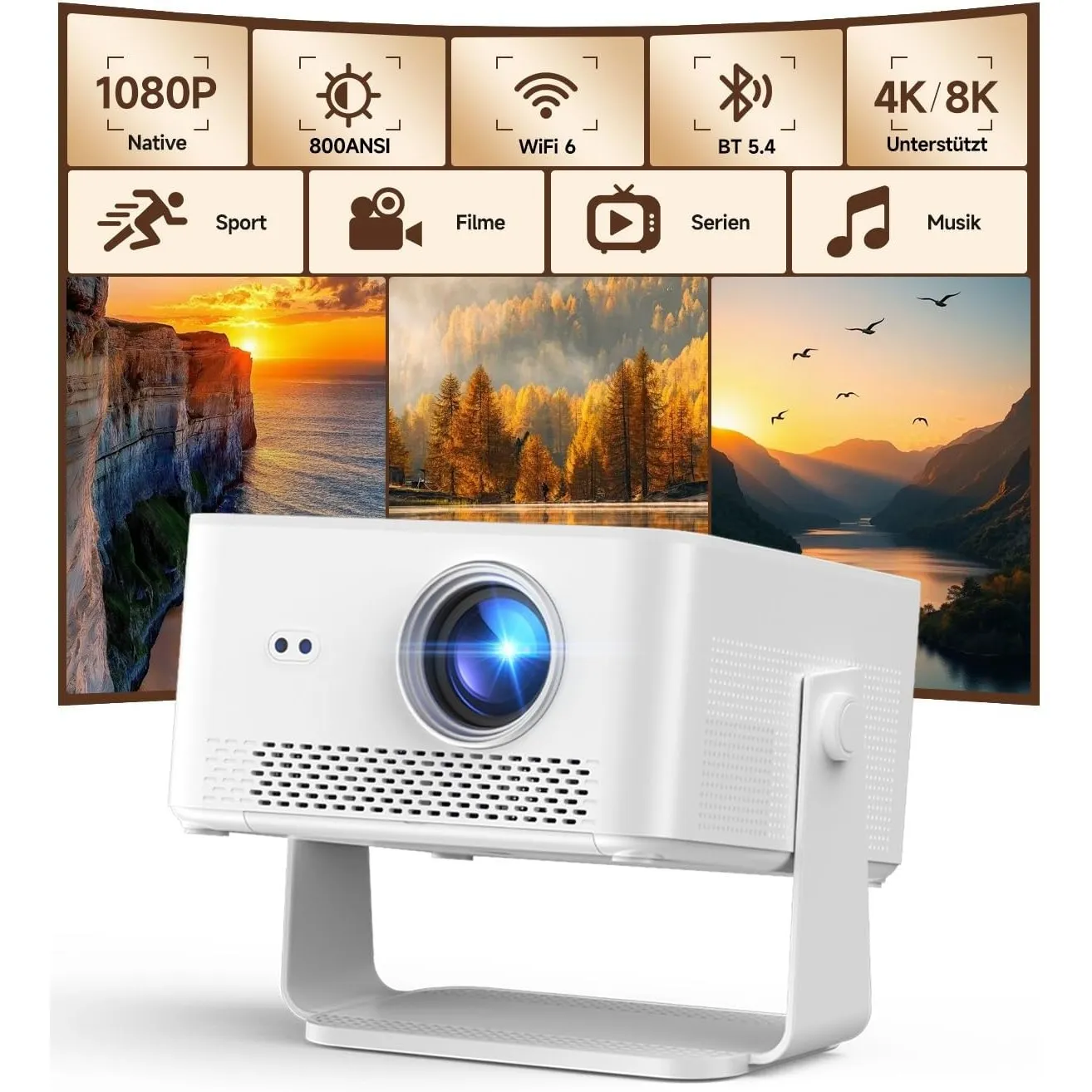 Smart Beamer 4K Unterstützt mit Android 14-800ANSI Native 1080P Projektor | Autofokus, Automatische Trapezkorrektur, WL…