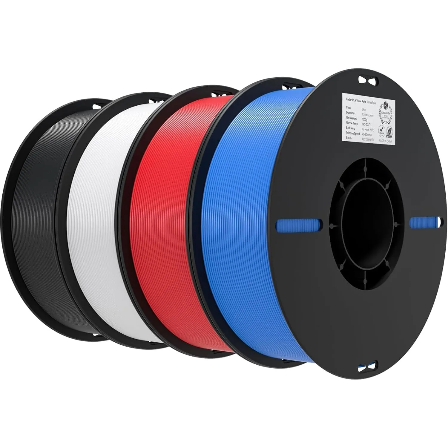 Creality Ender PLA Filament 1,75mm, Schwarz Weiß Rot Blau, 4er-Pack 1kg Spulen, Maßgenauigkeit ±0,03mm, PLA Filament fü…