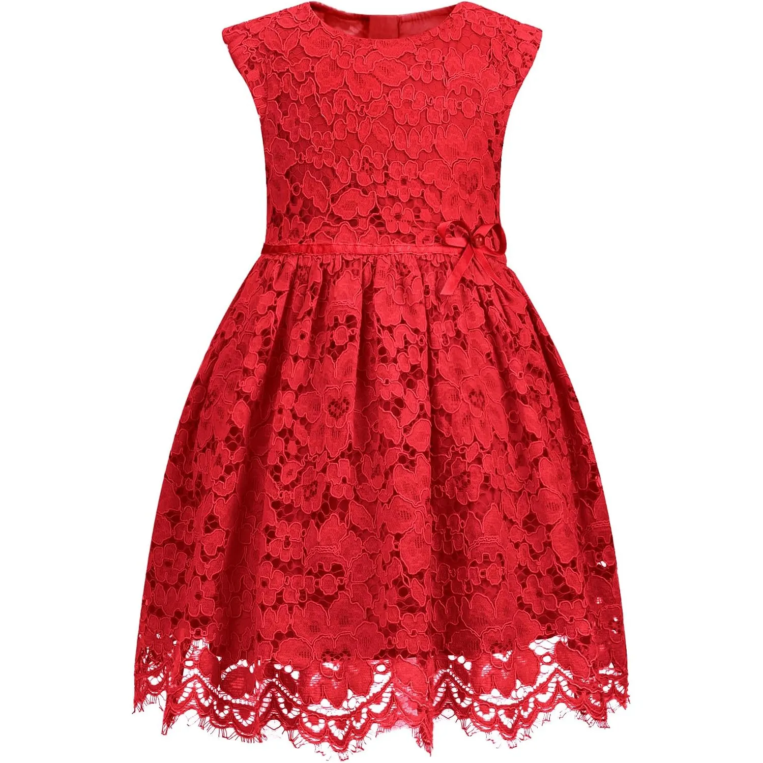 ALLOVIN Mädchen & Kleinkinder A-Linien Spitzenkleid ärmellos Blumenmädchen Geburtstag Hochzeit Perlenschleife 2-12 Jahre