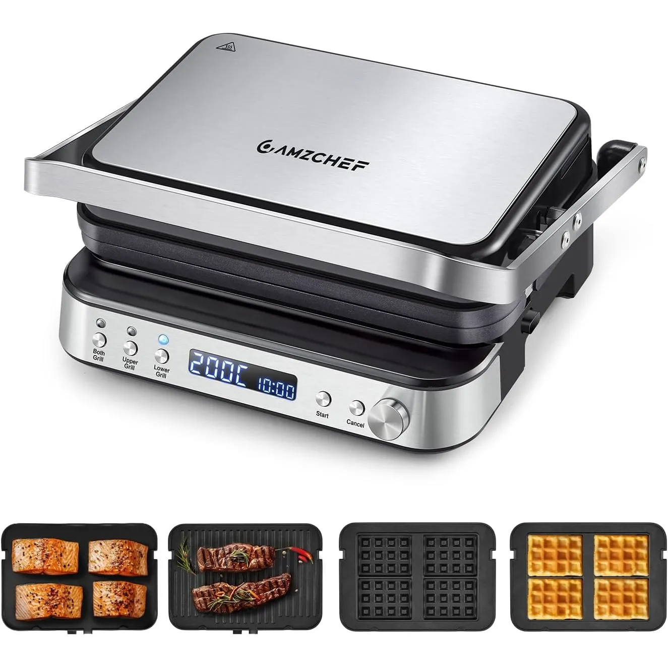 AMZCHEF Kontaktgrill XXL 2000W 4-in-1 Multifunktionsgrill mit Wechselplatten – Panini Grill, Waffeleisen & Sandwichmake…