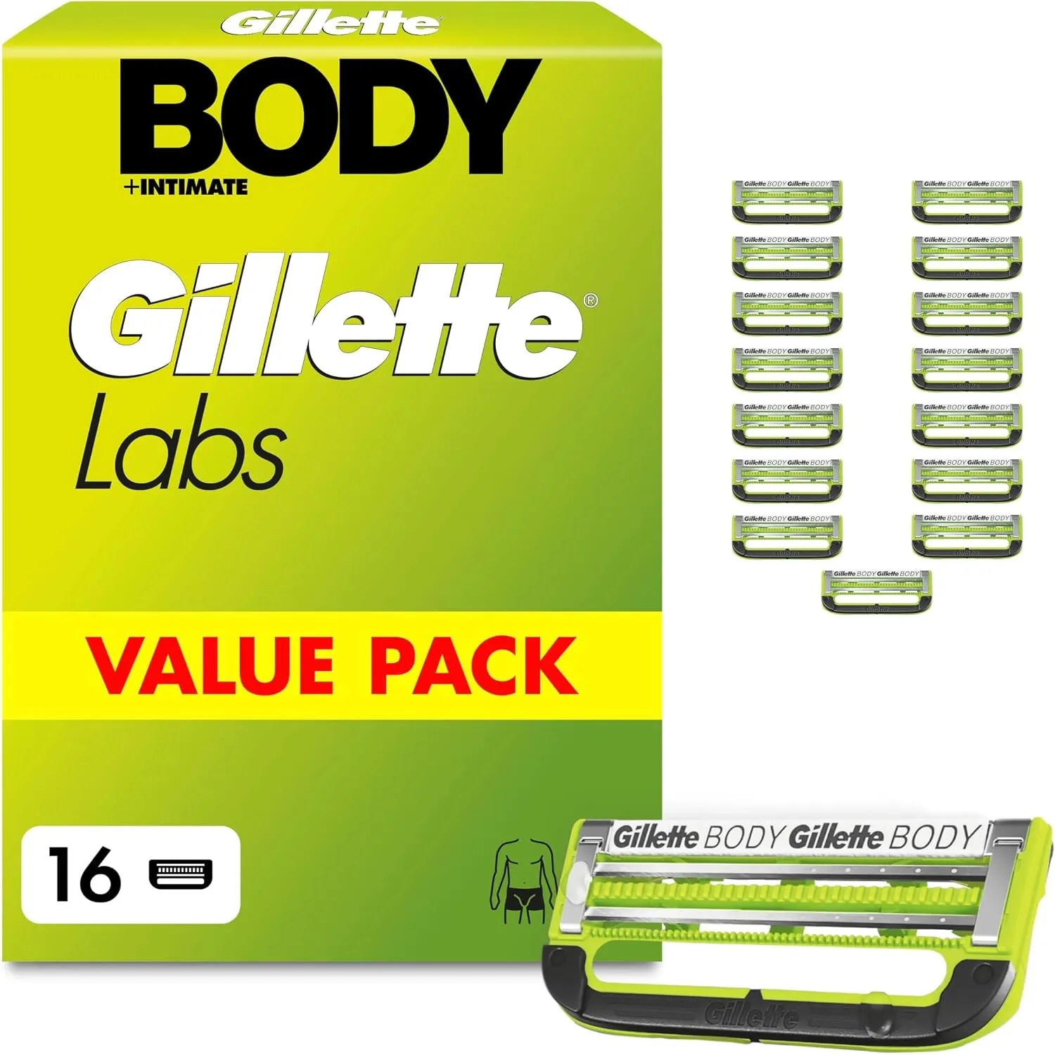 Gillette Labs Body & Intimate Rasierklingen, 16 Original Ersatzklinge, Grün