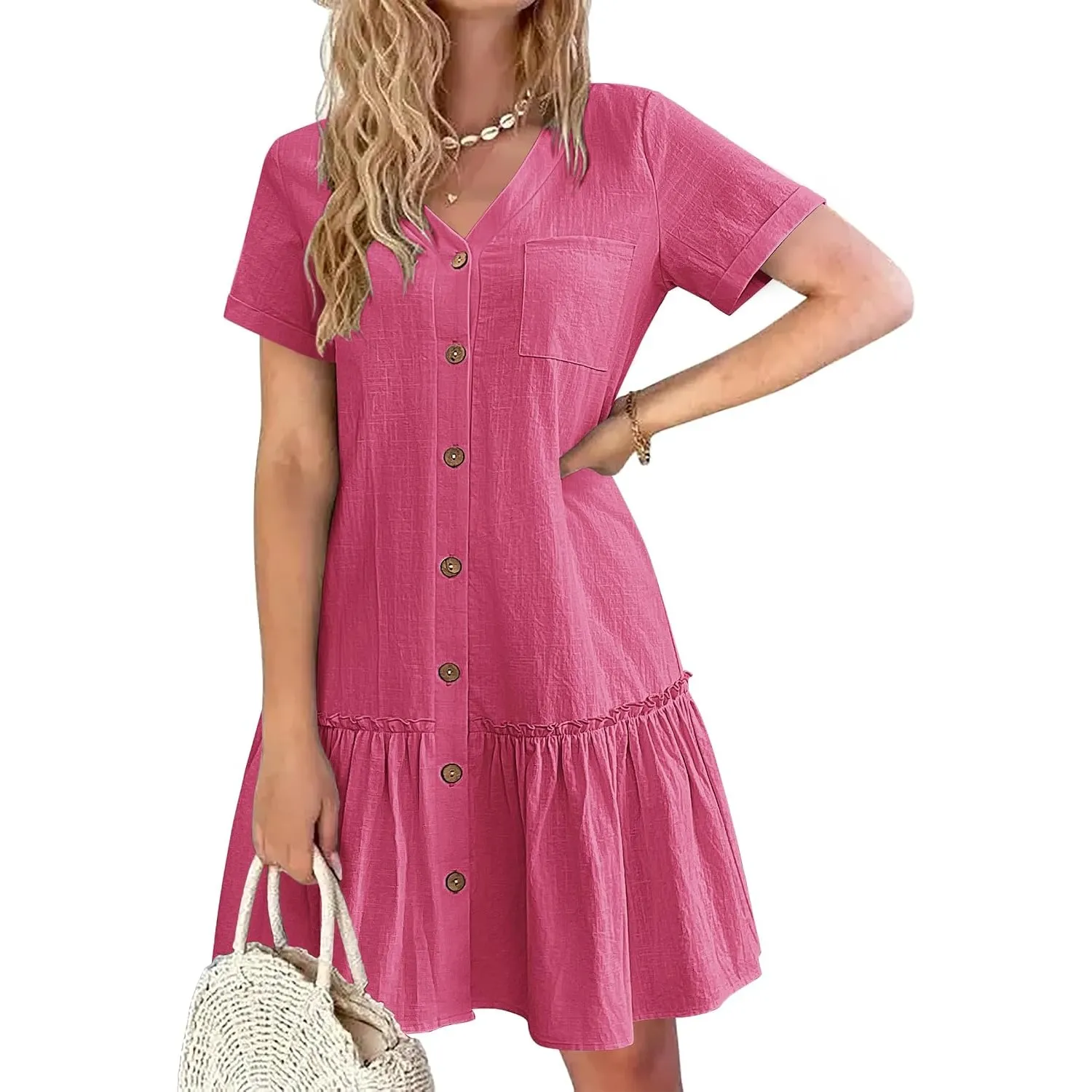 Hotouch Sommerkleid Damen Button Down Leinenkleid Strandkleid Casual V-Ausschnitt Minikleid Kurzarm A-Linie Kleid Rüsch…