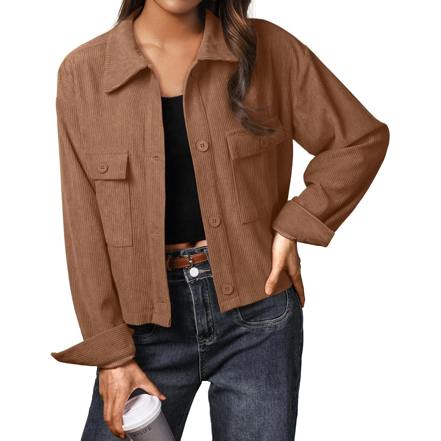 IWOLLENCE Cordjacke Damen Hemdjacke Cordhemd Kurzjacke Langarm Revers Button-Down Shacket Mantel