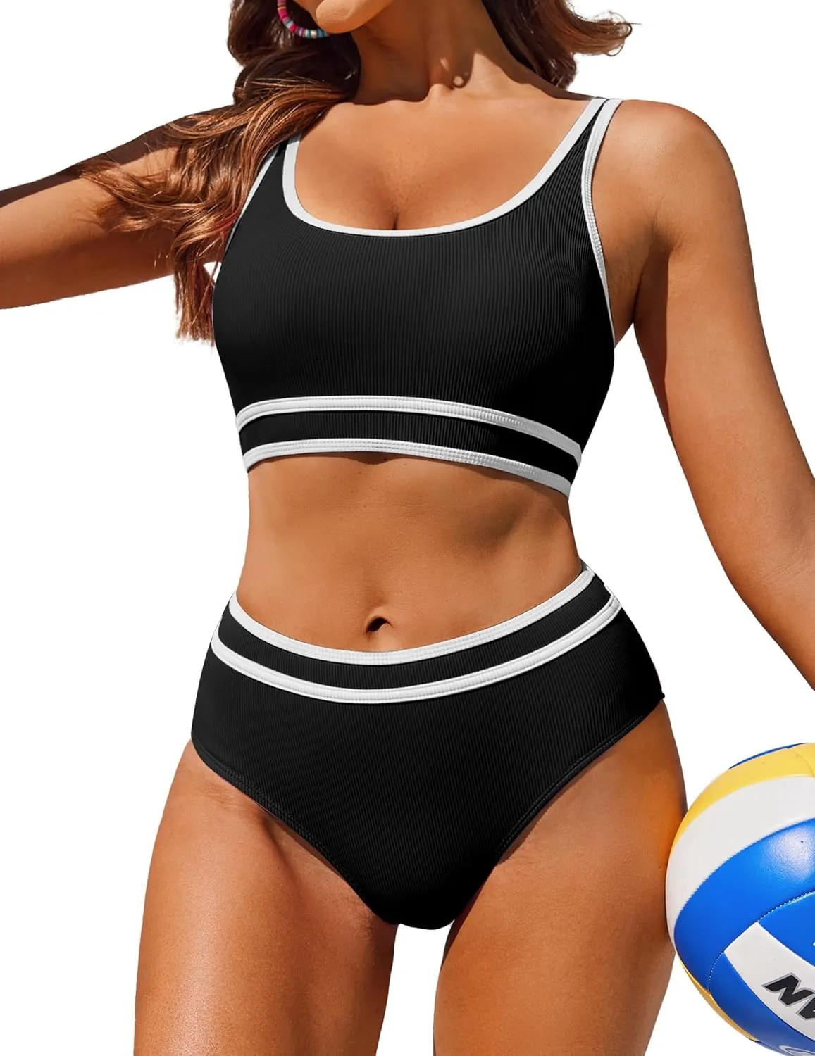 Ekouaer Women's Bikini Set Tummy Control Two Piece Swimsuit Sports Bikini Sets High Waist Swimwear Push Up Ribbed