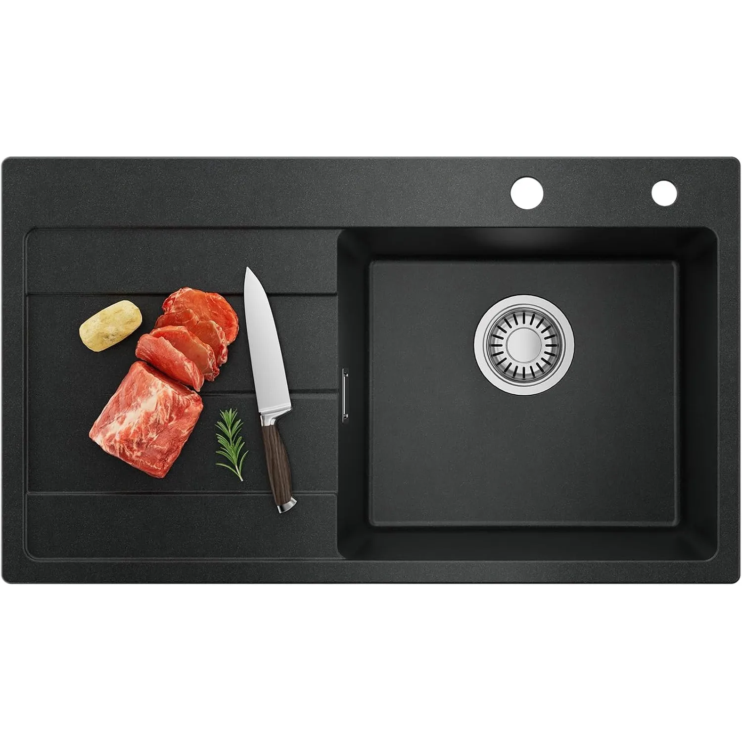 CECIPA Spülbecken mit Abtropffläche, Spüle Küche 78x45 cm Schwarz Granit