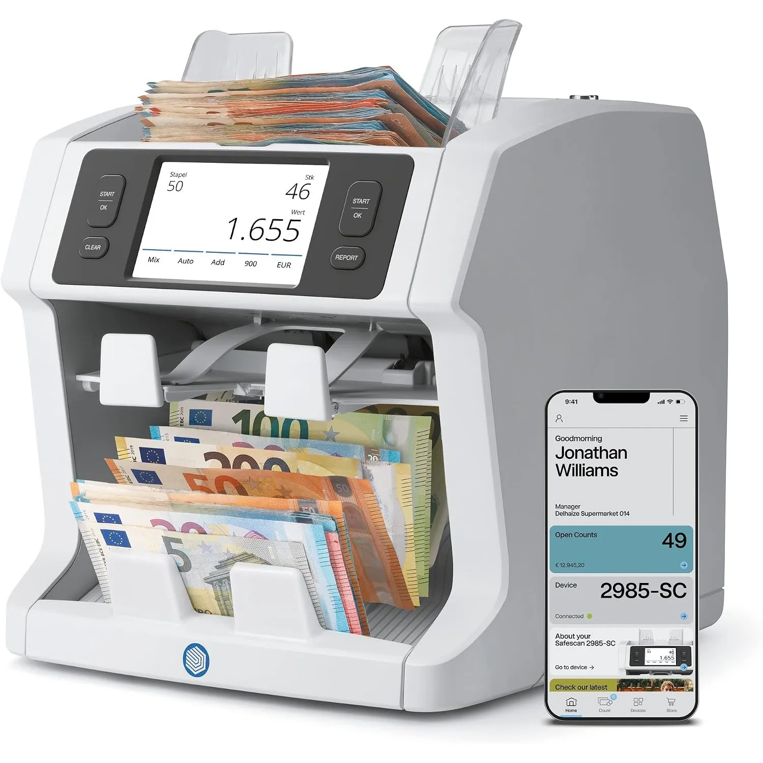 Safescan 2985-SC Geldzählmaschine, Wertzählung und Sortierung von gemischten Banknoten - Banknotenzähler mit 10-facher …