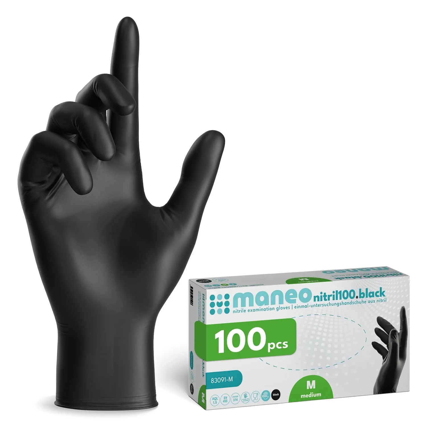 maneo 100x Einweghandschuhe Schwarz, Nitril Handschuhe puderfrei M | Einmalhandschuhe, Handschuhe Einweg, latexfreie Gu…