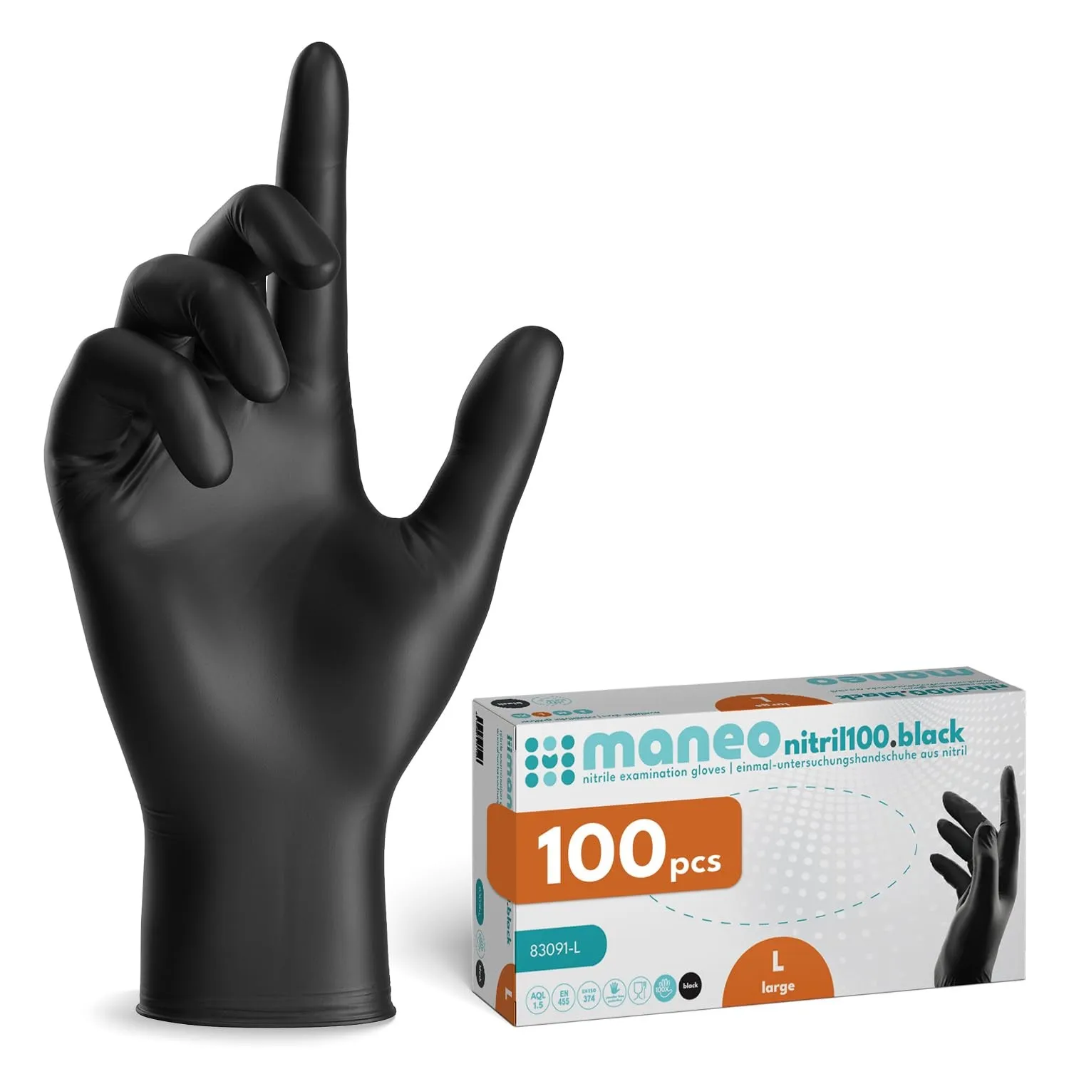 maneo 100x Einweghandschuhe Schwarz, Nitril Handschuhe puderfrei L | Einmalhandschuhe, Handschuhe Einweg, latexfreie Gu…