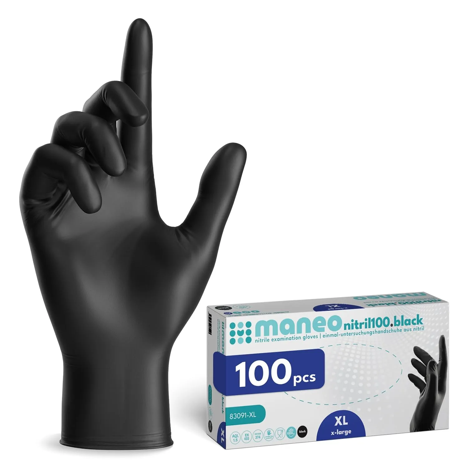 maneo 100x Einweghandschuhe Schwarz, Nitril Handschuhe puderfrei XL | Einmalhandschuhe, Handschuhe Einweg, latexfreie G…