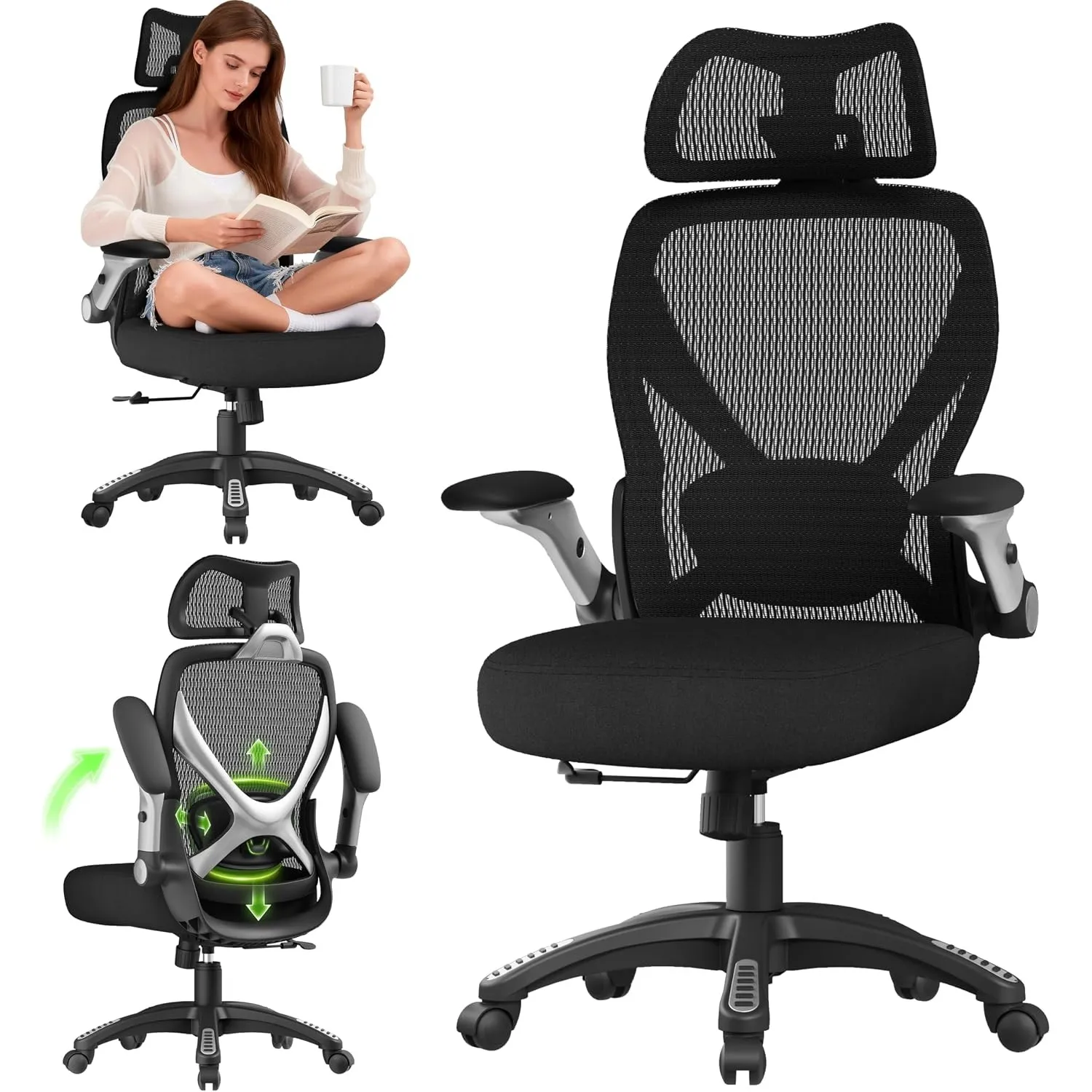 GABRYLLY Bürostuhl Ergonomisch, Ergonomischer Bürostühle mit Verstellbare Kopfstütze, Neigungsfunktion, Armlehnen, Ergo…