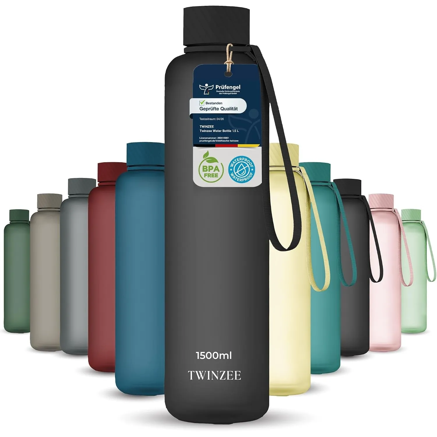 Twinzen Tritan Trinkflasche 1,5 L BPA-frei Auslaufsicher Schwarz | Ideal für Sport, Schule und Büro · Robust und langle…