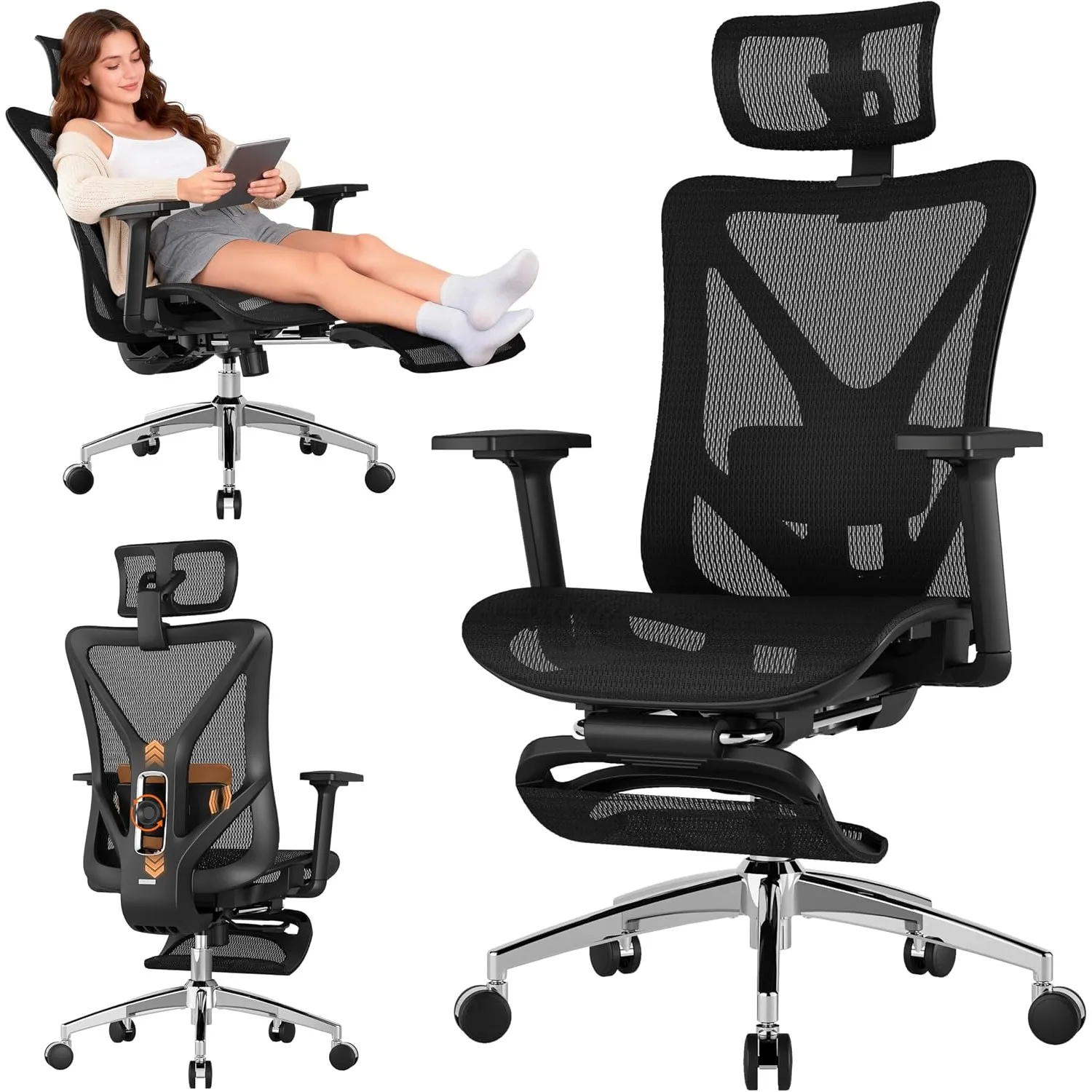 GABRYLLY Bürostuhl Ergonomisch, Ergonomischer Bürostühle mit Verstellbare Kopfstütze, Neigungsfunktion, Armlehnen, Ergo…