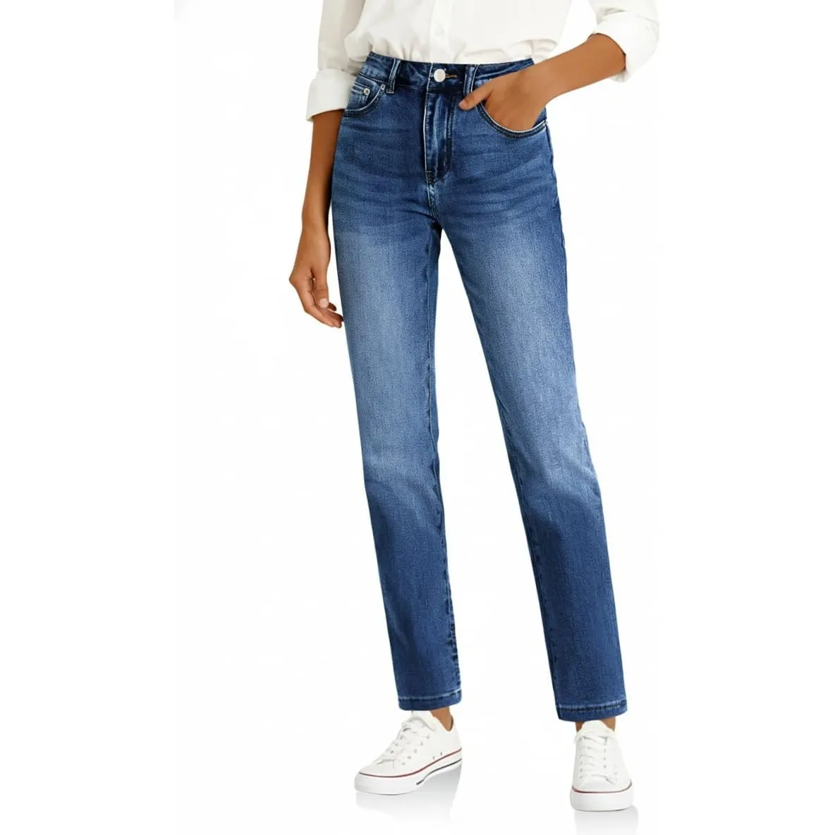 Cicy Bell Damen Jeans Straight Fit Jeanshosen Mittlere Taille Denim Skinny Hosen mit Taschen
