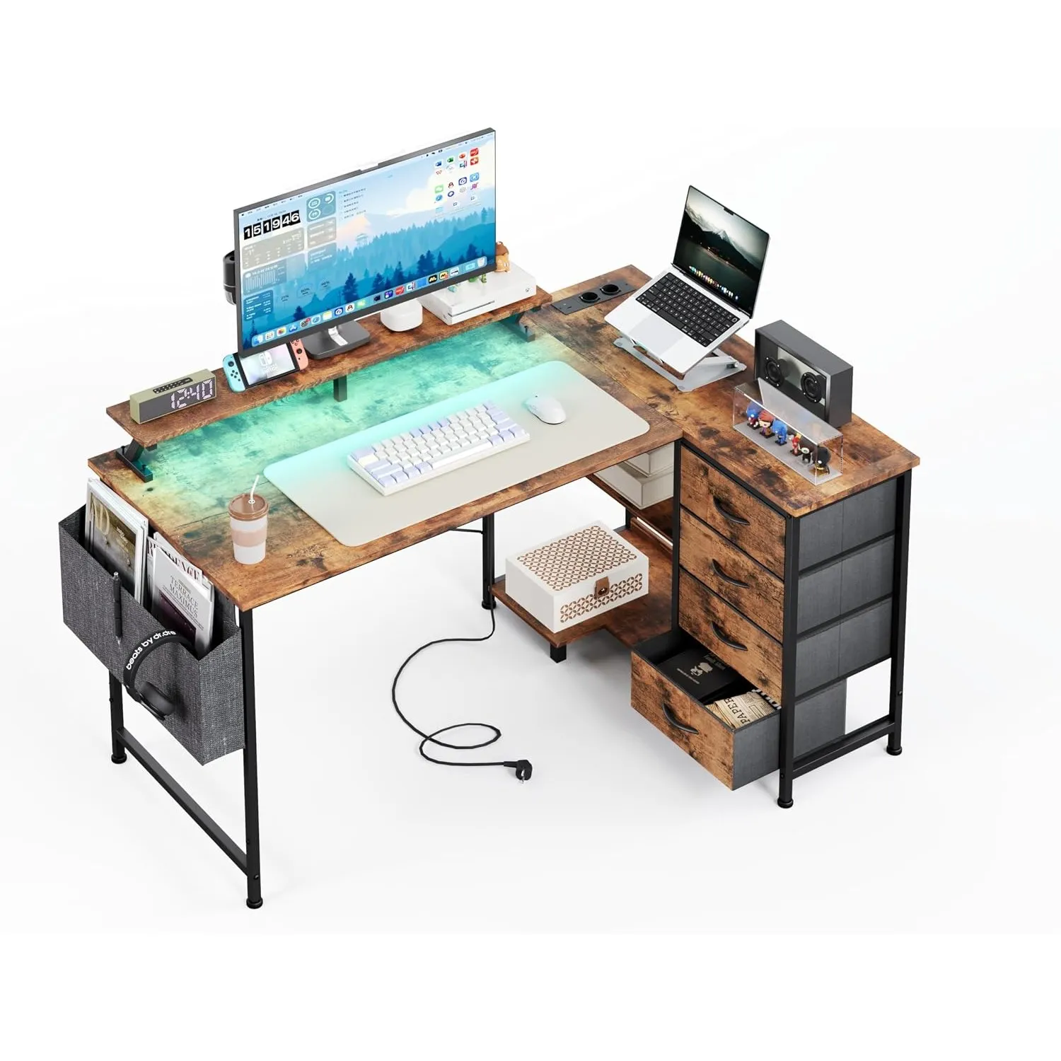 CAIYUN Eckschreibtisch mit 4 Stoff Schubladen, 120x90cm Schreibtisch L Form Reversibler mit USB-Ladeanschluss und Steck…