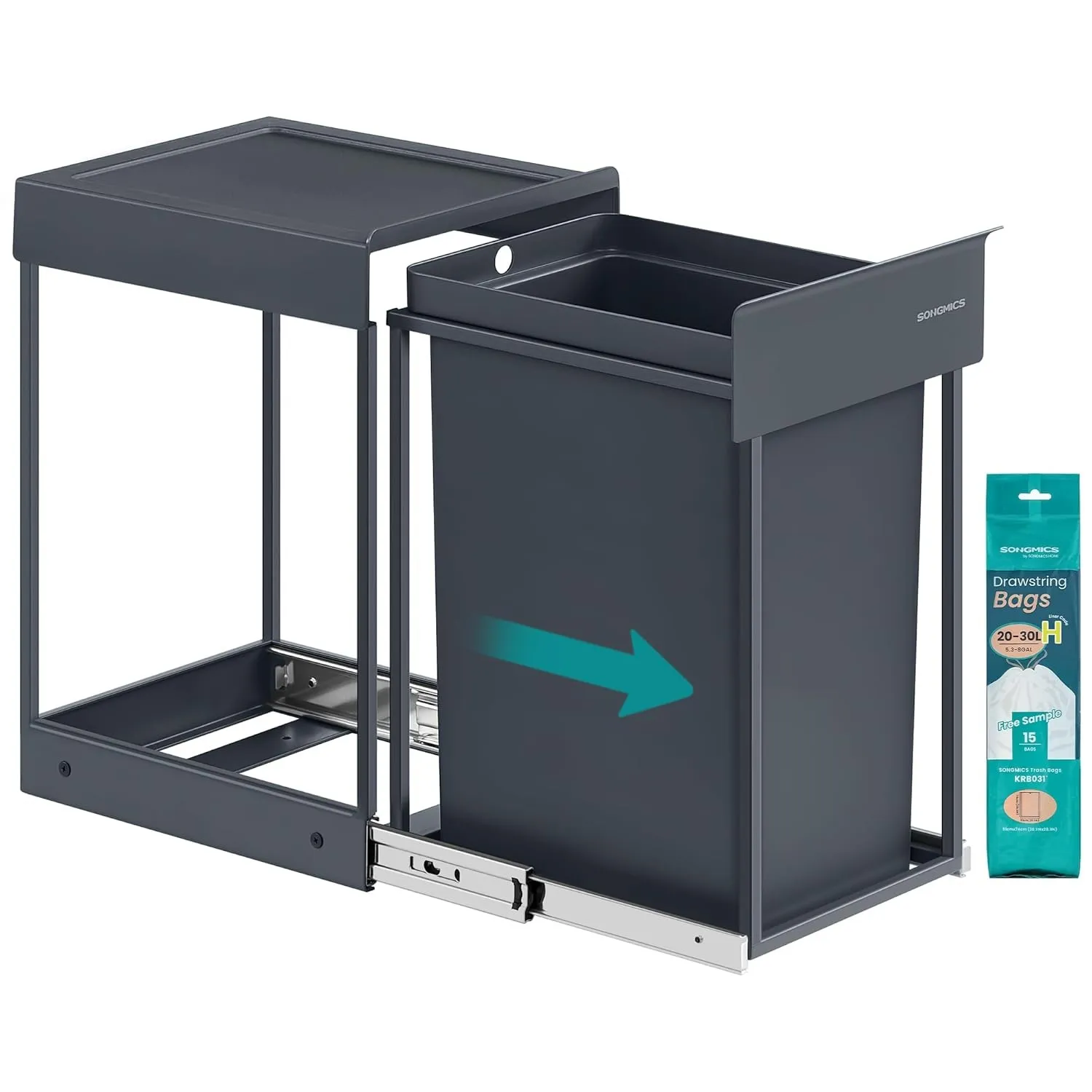 SONGMICS Mülleimer Küche, für Unterschrank, 1 x 20 L, Abfalleimer, ausziehbar, Stahlrahmen, ABS-Deckel, grau LTB920GZ01