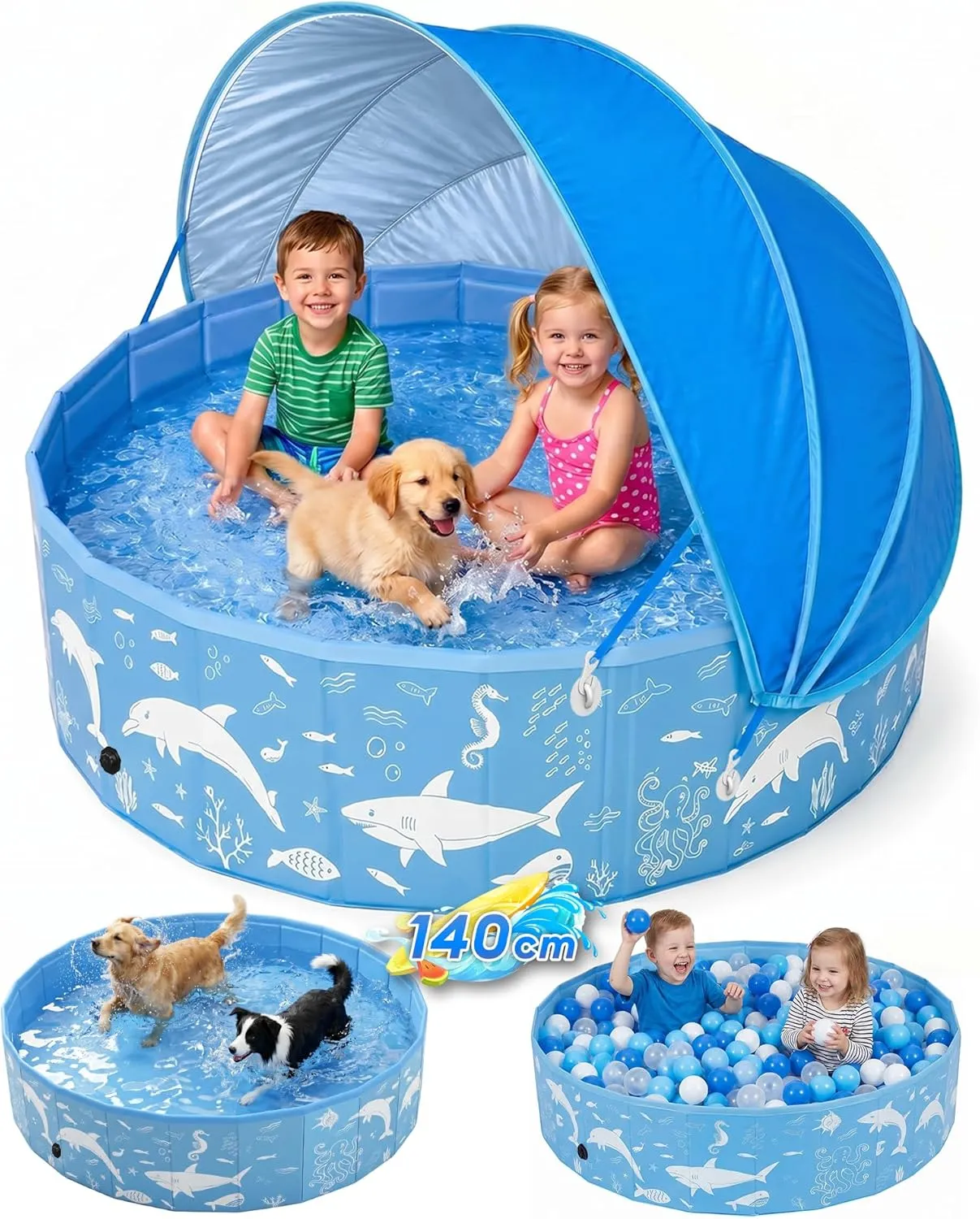 EPN Dog Pool with Sun Canopy 140 cm - Foldable Dog Bath & Children's Paddling Pool, Portable Folding Pool Made of PVC w…