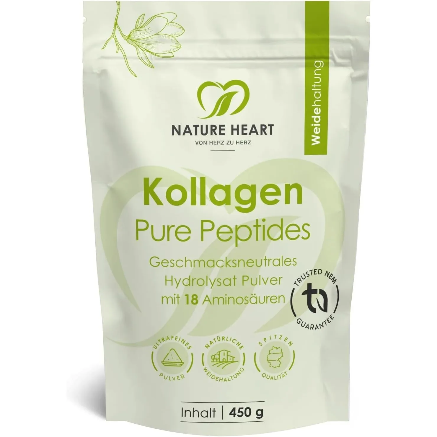 Nature Heart Kollagen Pure Peptides Pulver 450g – hydrolysiertes Kollagen Typ I aus Weidehaltung – geschmacksneutral, l…