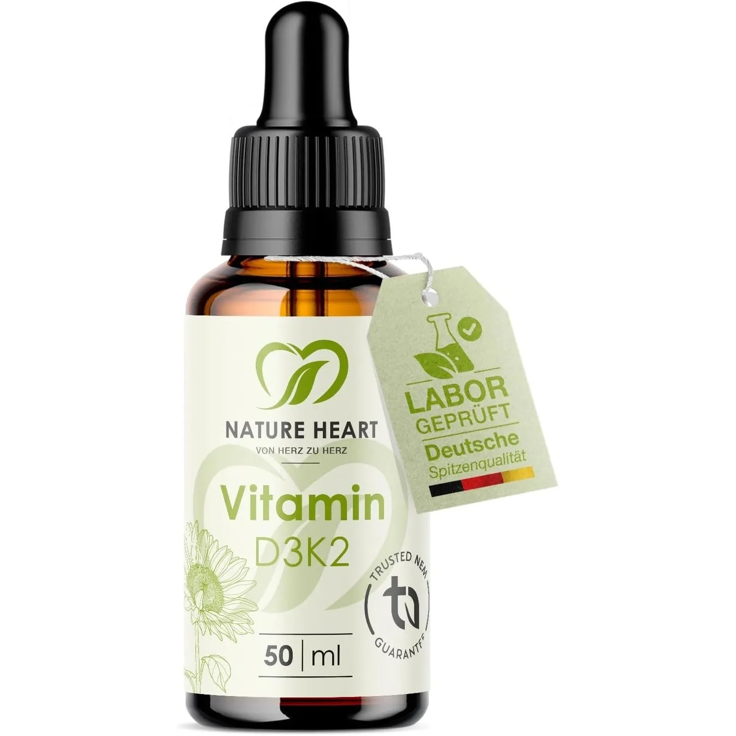 Nature Heart Vitamin D3 K2 Tropfen hochdosiert 50ml – 1.000 I.E. D3 pro Tropfen mit K2 MK7 in MCT-Öl aus Kokos – für Kn…